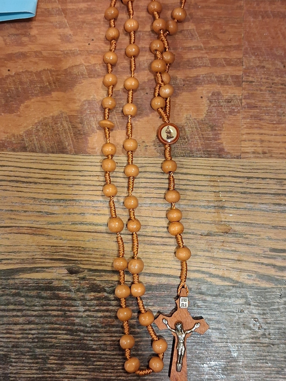 Wooden Rosary Necklace in Tan with Crucifix